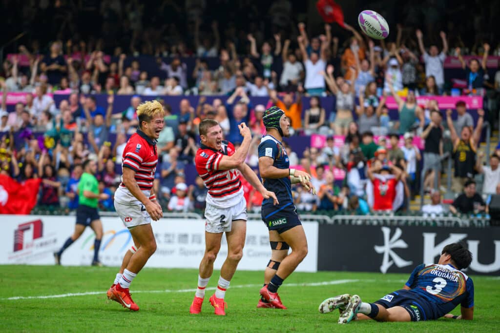 Hong Kong China men’ssevens captain James Christie and Hugo Stiles celebrate another try for Hong Kong at the Cathay / HSBC Hong Kong Sevens 2024.